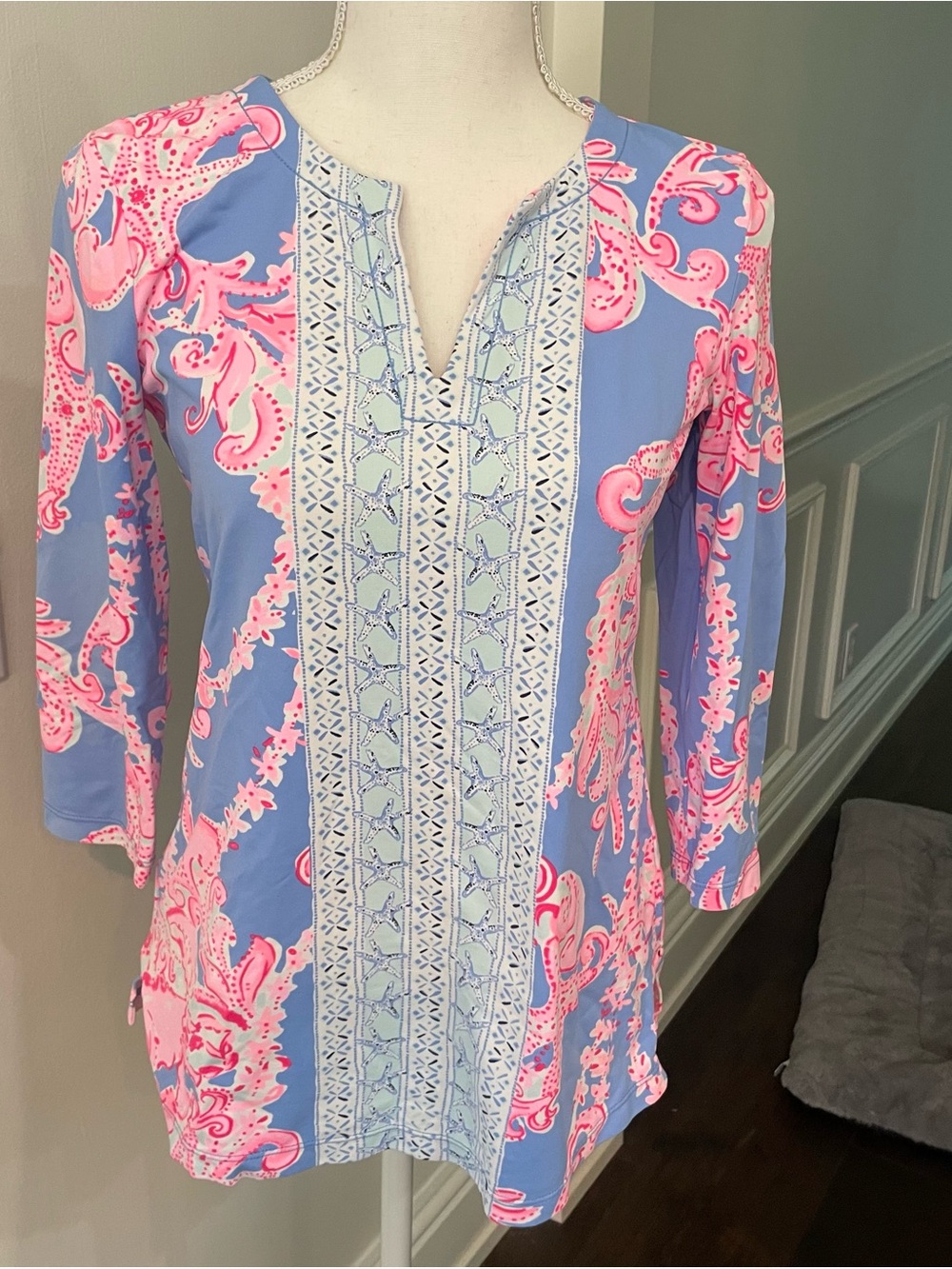 Lilly Pulitzer Pink Floral Top on Periwinkle Blue